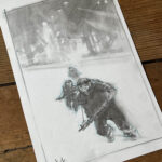 Drawing of science fiction soldiers in the snow with a ship behind them.