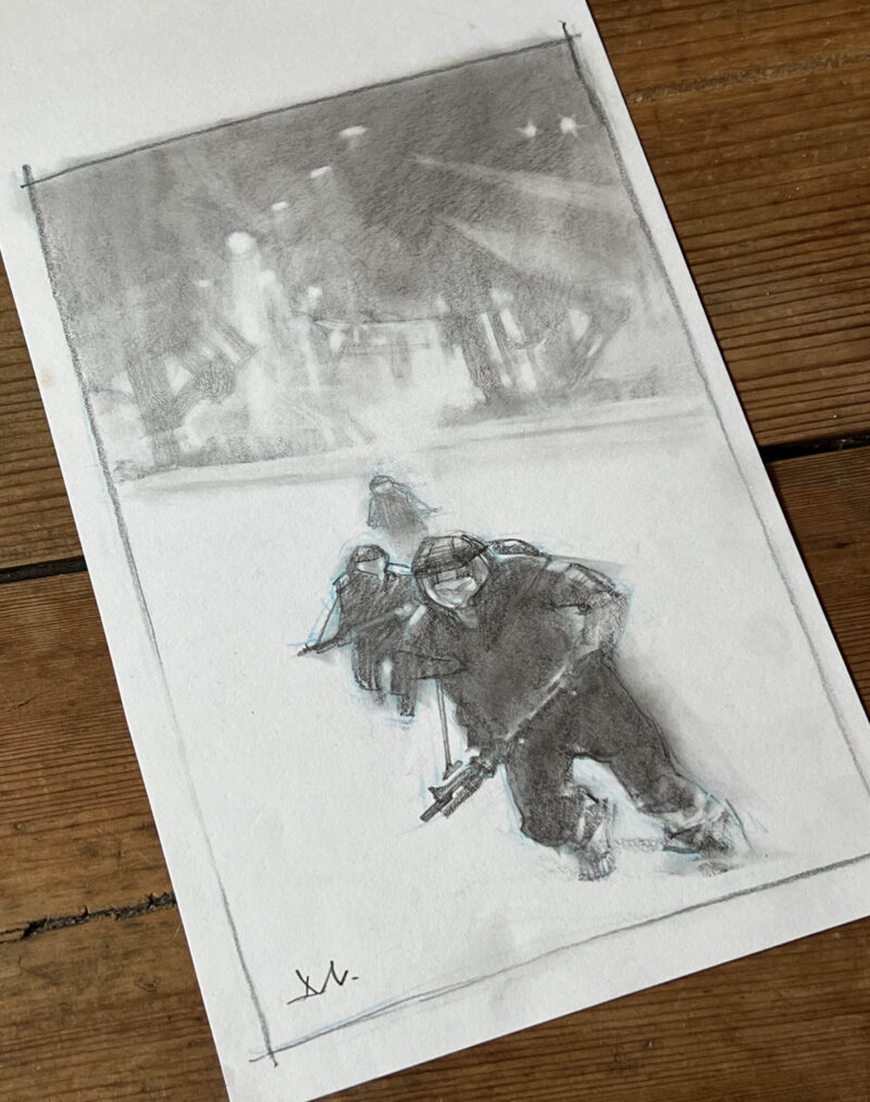 Drawing of science fiction soldiers in the snow with a ship behind them.