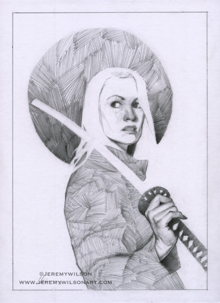 woman, warrior, samurai, sword, leather jacket, badass, pencil, graphite