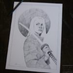 woman, warrior, samurai, sword, leather jacket, badass, pencil, graphite