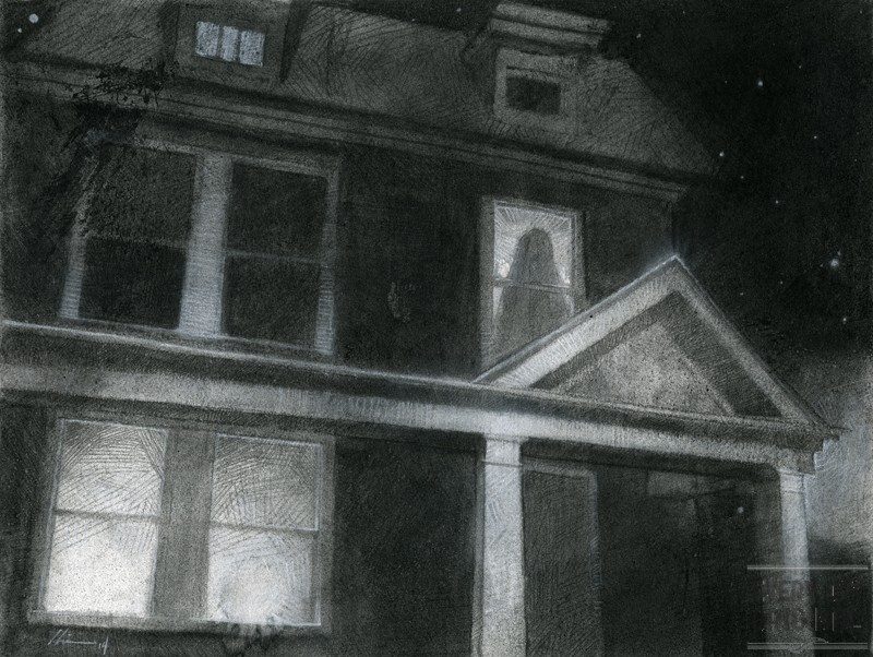 horror, house, ghost, scary, charcoal, chalk