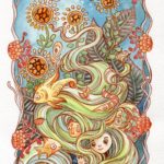 A watercolor painting by Ania Mohrbacher of green haired girl with critters.