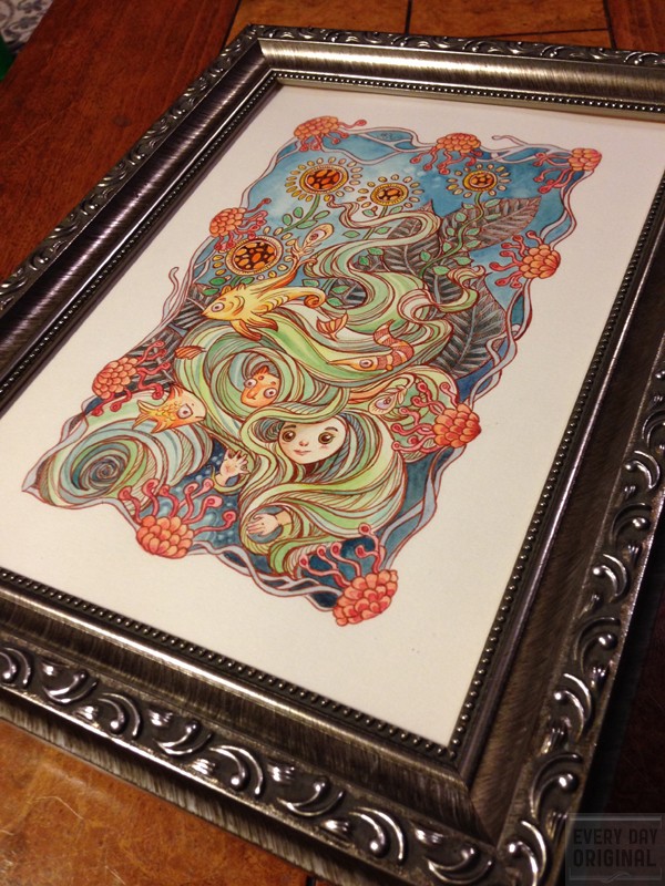 A watercolor painting by Ania Mohrbacher of green haired girl with critters.