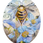 Watercolor painting by Stephanie Law of a bee-like insect among blue poppies