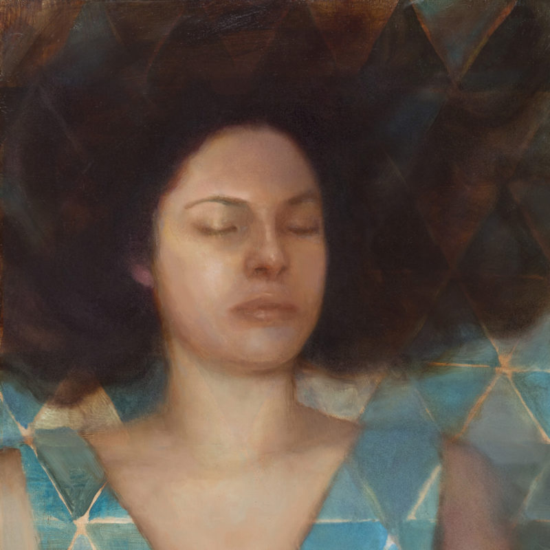 oil painting of woman floating in meditation