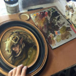 My oil palette and materials used for this piece, including the little skull used for reference (that being a rabbit).