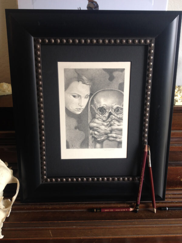 A graphite piece entitled Whisperer. An undead creature taking orders from his muse.