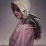 Oil painting by Ryan Pancoast of a frontier girl and a dragon.