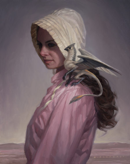 Oil painting by Ryan Pancoast of a frontier girl and a dragon.