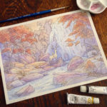 A whimsical watercolor painting by Naomi VanDoren of a woman riding a white stag at the base of a waterfall.