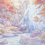 A whimsical watercolor painting by Naomi VanDoren of a woman riding a white stag at the base of a waterfall.