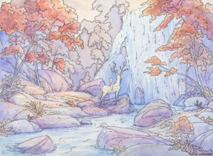 A whimsical watercolor painting by Naomi VanDoren of a woman riding a white stag at the base of a waterfall.