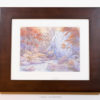 A whimsical watercolor painting by Naomi VanDoren of a woman riding a white stag at the base of a waterfall.