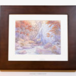 A whimsical watercolor painting by Naomi VanDoren of a woman riding a white stag at the base of a waterfall.