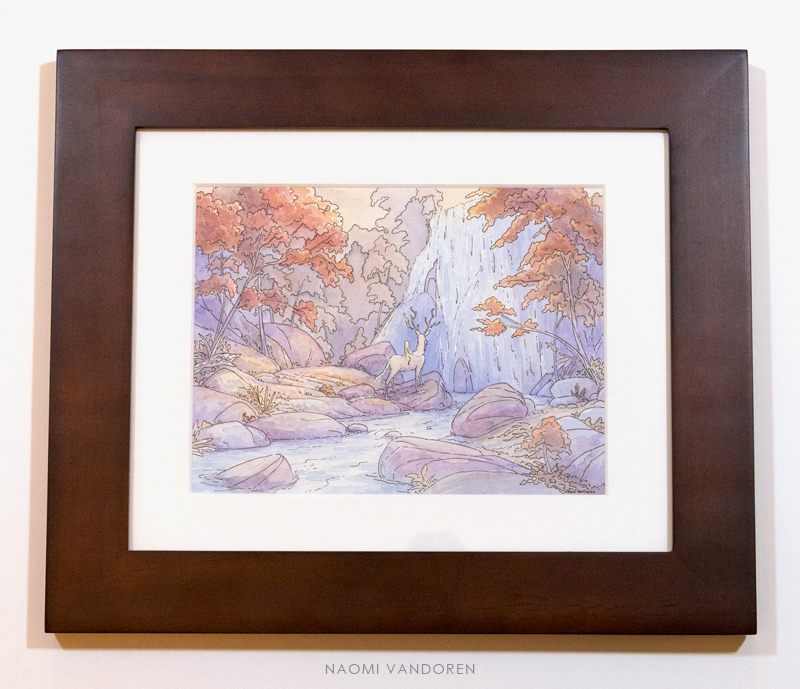 A whimsical watercolor painting by Naomi VanDoren of a woman riding a white stag at the base of a waterfall.