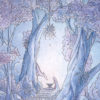 A whimsical watercolor painting by Naomi VanDoren of a woman and fox dragon beneath trees.