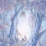 A whimsical watercolor painting by Naomi VanDoren of a woman and fox dragon beneath trees.