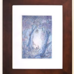 A whimsical watercolor painting by Naomi VanDoren of a woman and fox dragon beneath trees.