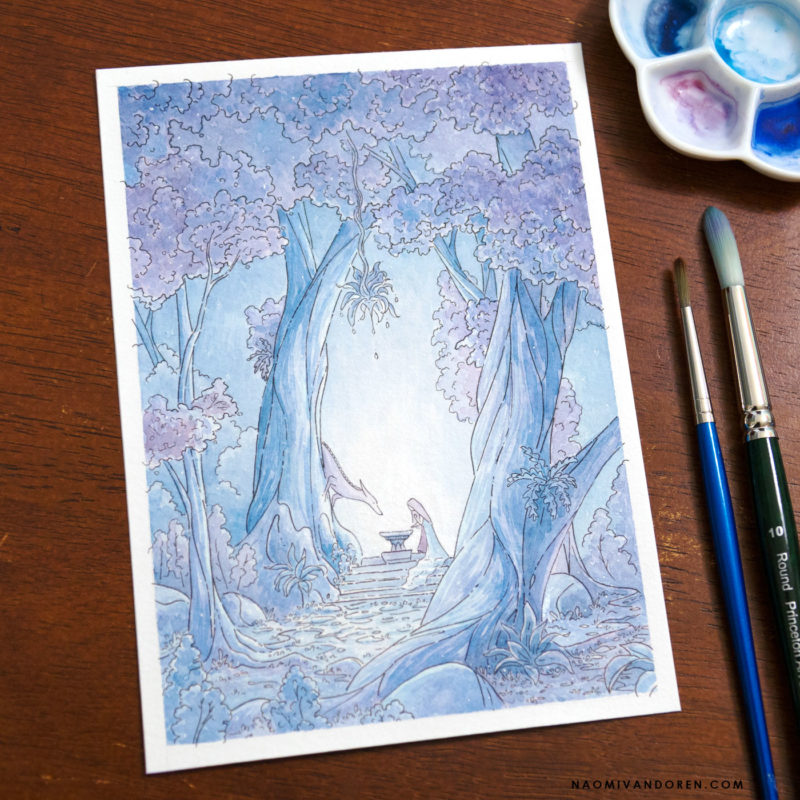 A whimsical watercolor painting by Naomi VanDoren of a woman and fox dragon beneath trees.