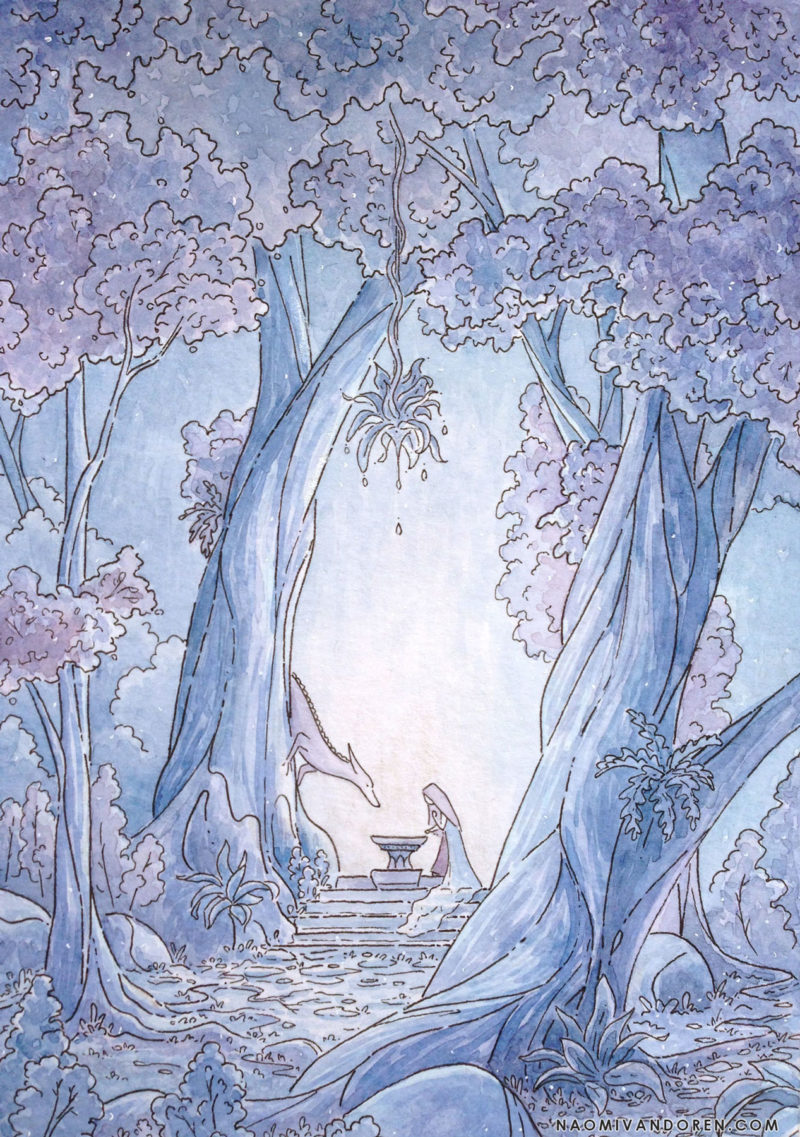 A whimsical watercolor painting by Naomi VanDoren of a woman and fox dragon beneath trees.
