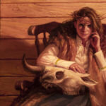 Oil painting by Ryan Pancoast of a woman and a skull.