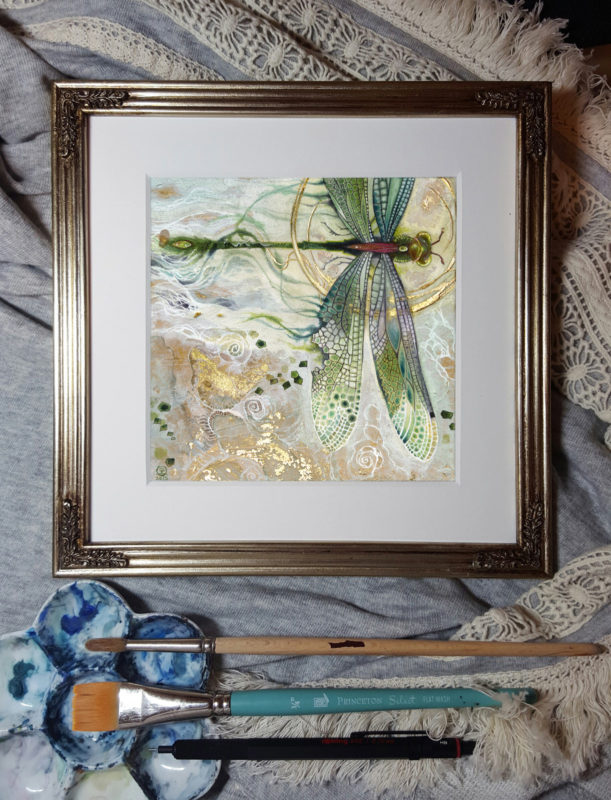 Watercolor painting by Stephanie Law - dragonfly - damselfly - insecta - Glint
