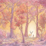 A whimsical watercolor painting by Naomi VanDoren of a girl and a stag.