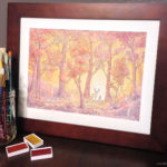 A whimsical watercolor painting by Naomi VanDoren of a girl and a stag.