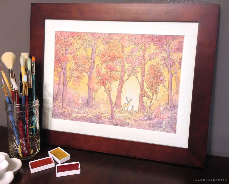 A whimsical watercolor painting by Naomi VanDoren of a girl and a stag.