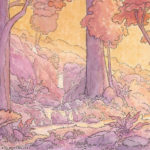 A whimsical watercolor painting by Naomi VanDoren of a girl and a stag.