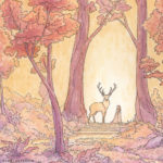 A whimsical watercolor painting by Naomi VanDoren of a girl and a stag.