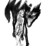 A pencil drawing of a young woman and a dire wolf by Craig Maher.
