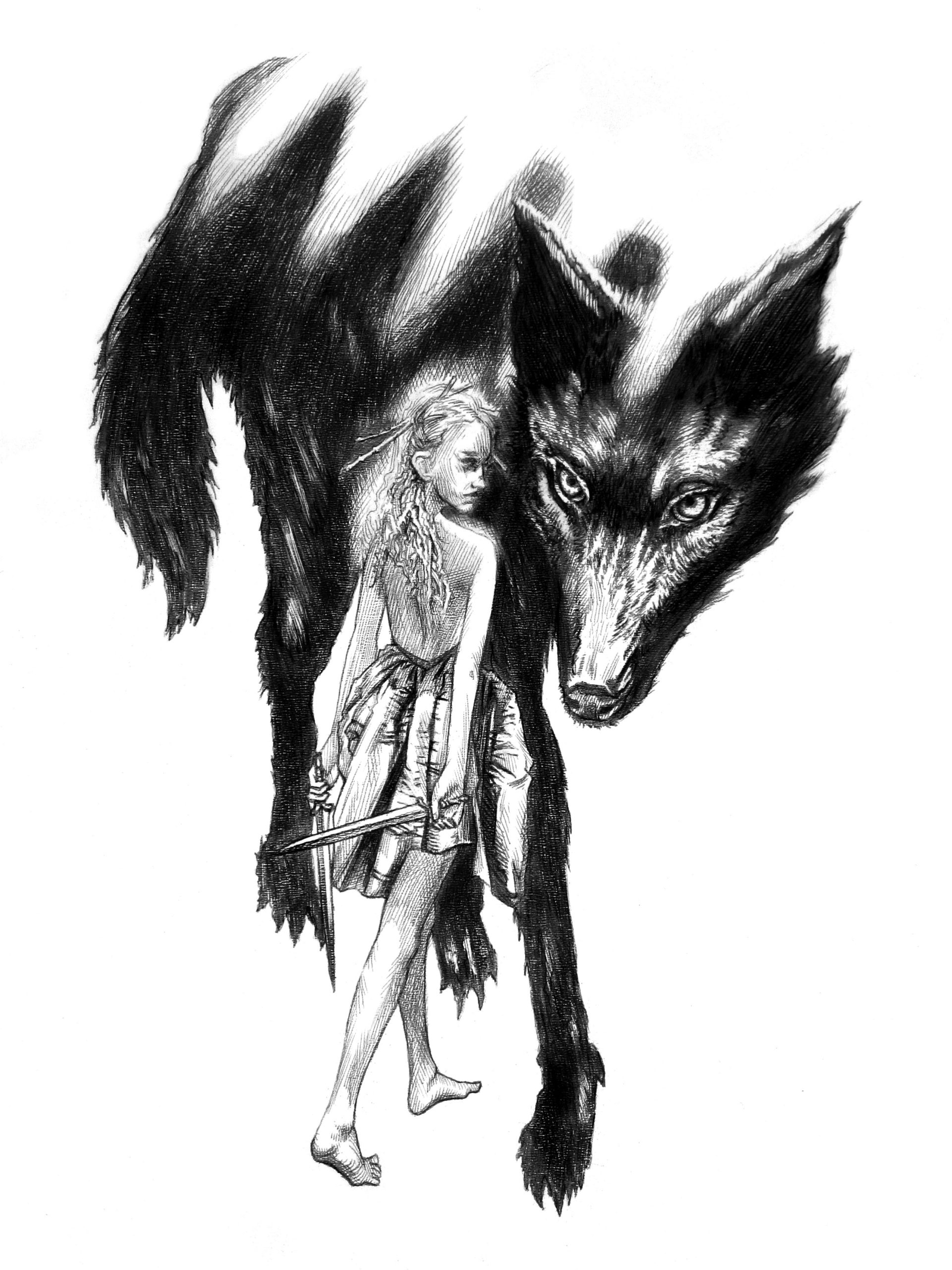 A pencil drawing of a young woman and a dire wolf by Craig Maher. 