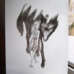 A photo of a pencil drawing of a young woman and a dire wolf by Craig Maher.