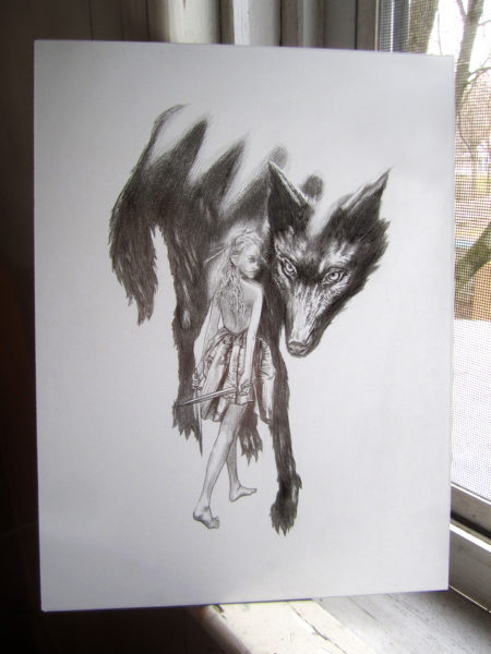 A photo of a pencil drawing of a young woman and a dire wolf by Craig Maher.