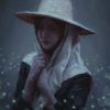 An oil painting by Ryan Pancoast of a woman and fireflies.