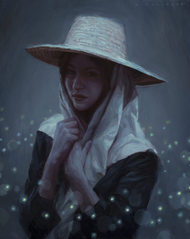 An oil painting by Ryan Pancoast of a woman and fireflies.