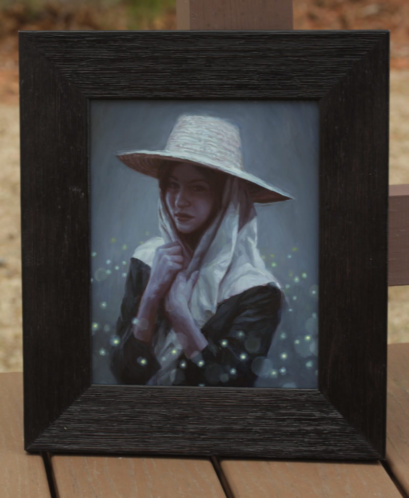 An oil painting by Ryan Pancoast of a woman and fireflies.