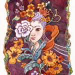 Scanned version of watercolor piece by Ania Mohrbacher of a girl with flowers.