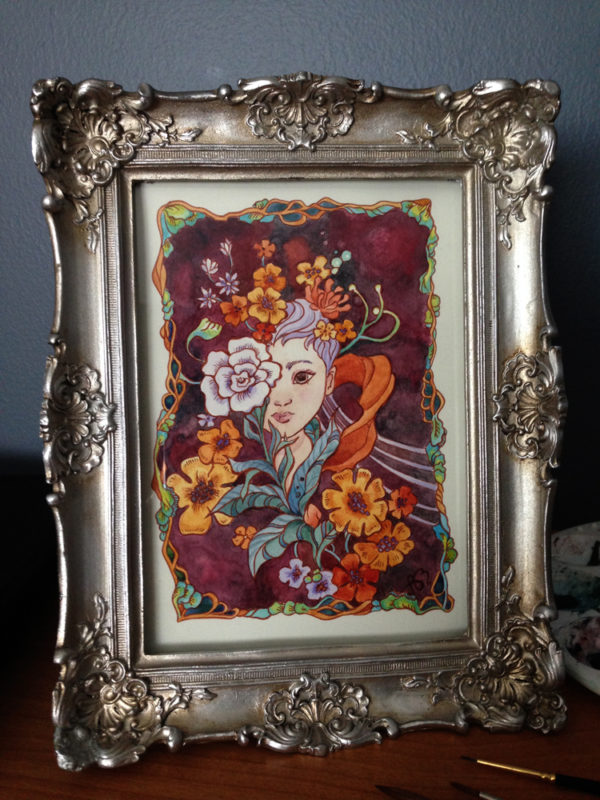 Watercolor piece by Ania Mohrbacher of a girl with flowers.