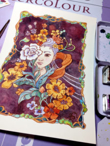 Watercolor piece by Ania Mohrbacher of a girl with flowers.