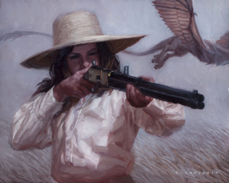 painting by Ryan Pancoast of a woman, a dragon, and a gun.