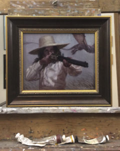 painting by Ryan Pancoast of a woman, a dragon, and a gun.