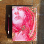 Venus, a painting in pencil, resin, acrylic, and gold leaf, all red and gold