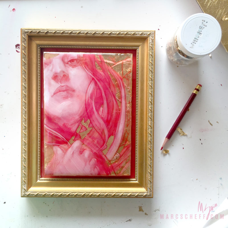 Venus, a painting in pencil, resin, acrylic, and gold leaf, all red and gold