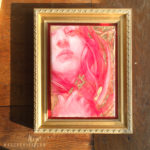 Venus, a painting in pencil, resin, acrylic, and gold leaf, all red and gold
