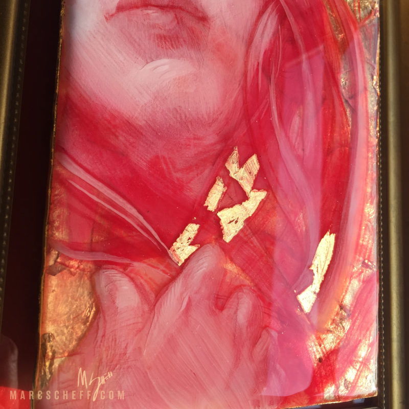 Venus, a painting in pencil, resin, acrylic, and gold leaf, all red and gold
