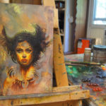 7" x 11" witch mixed media painting by Jim Pavelec.