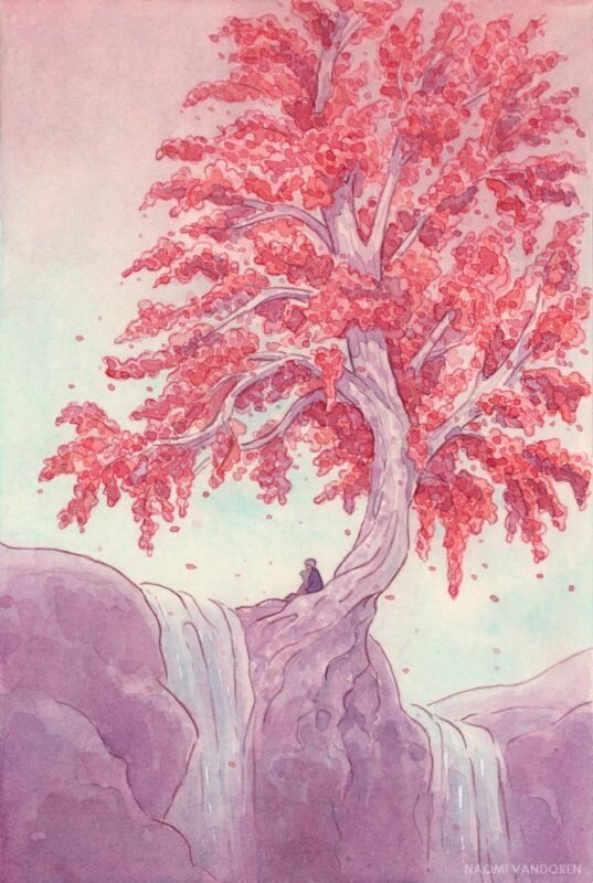 A romantic couple sitting under a tree.