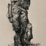 A drawing of a fantasy bison man and his child by Ryan Pancoast